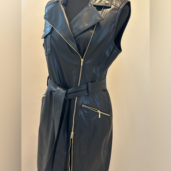 Calvin Klein Faux Leather Moto Dress Size 12 Black - Picture 5 of 11